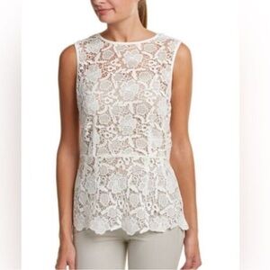 CAbi #800 Cream Needle Lace Top Sz M Open Knit Sleeveless Shell Zipper Back
